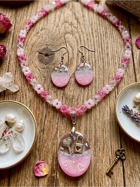 Pink Heart & Lock Pendant Necklace with Matching Earrings